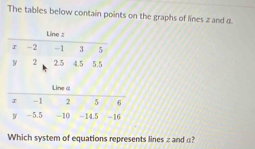 The tables below contain points on the graphs of lines z and α. 
Which system of equations represents lines z and α?