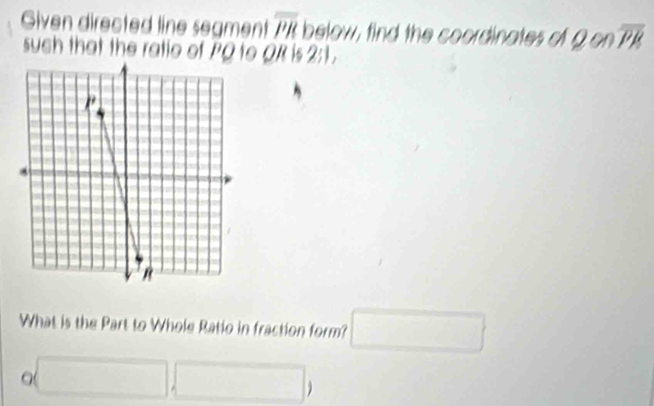 Given directed line segment overline PR below, find the coordinates of 2onoverline PR
such that the ratie of PQ to QR is 2:1. 
What is the Part to Whole Ratio in fraction form? □
o(□ ,□ )