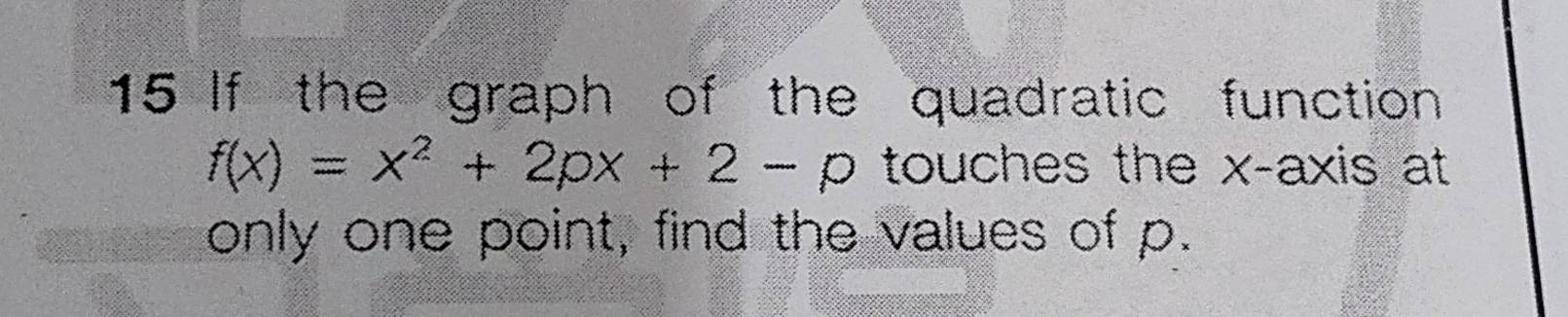 If the graph of the quadratic function
f(x)=x^2+2px+2-p touches the x-axis at 
only one point, find the values of p.