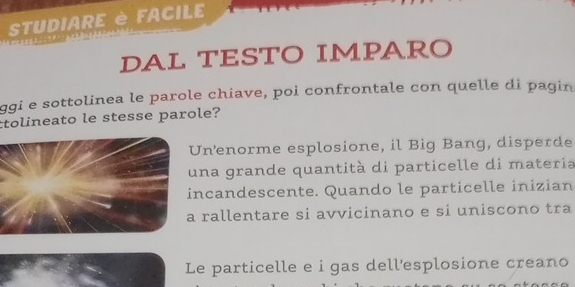 STUDIARE è FACILE 
DAL TESTO IMPARO 
ggi e sottolinea le parole chiave, poi confrontale con quelle di pagin 
tolineato le stesse parole? 
nenorme esplosione, il Big Bang, disperde 
una grande quantità di particelle di materia 
ncandescente. Quando le particelle inizian 
rallentare si avvicinano e si uniscono tra 
Le particelle e i gas dell'esplosione creano