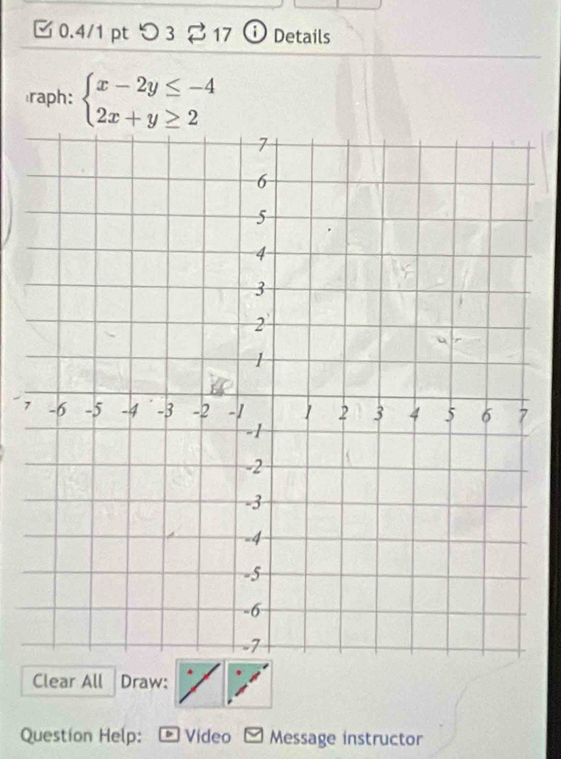 つ 3 17 0 Details 
raph: beginarrayl x-2y≤ -4 2x+y≥ 2endarray.
7 
Clear All Draw: 
Question Help: Video Message instructor