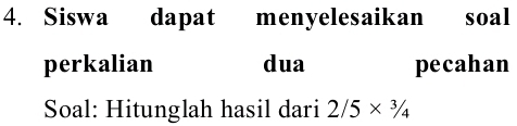 Siswa dapat menyelesaikan soal 
perkalian dua pecahan 
Soal: Hitunglah hasil dari 2/5*  ^3/_4