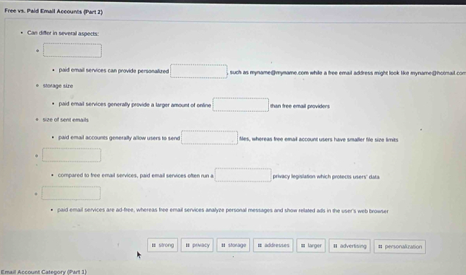 Free vs. Paid Email Accounts (Part 2)
Can differ in several aspects:
paid email services can provide personalized such as myname@myname.com while a free email address might look like myname@hotmail.com
storage size
paid email services generally provide a larger amount of online than free email providers
e size of sent emails
paid email accounts generally allow users to send files, whereas free email account users have smaller file size limits
.
compared to free email services, paid email services often run a privacy legislation which protects users' data
.
paid email services are ad-free, whereas free email services anallyze personal messages and show related ads in the user's web browser
= strong : privacy # storage # addresses = larger = advertising # personalization
Email Account Category (Part 1)
