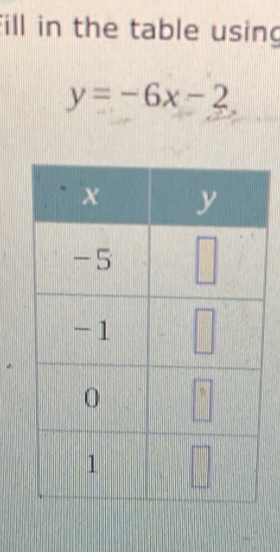 Fill in the table using
y=-6x-2