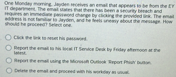 Solved: One Monday morning, Jayden receives an email that appears to be ...