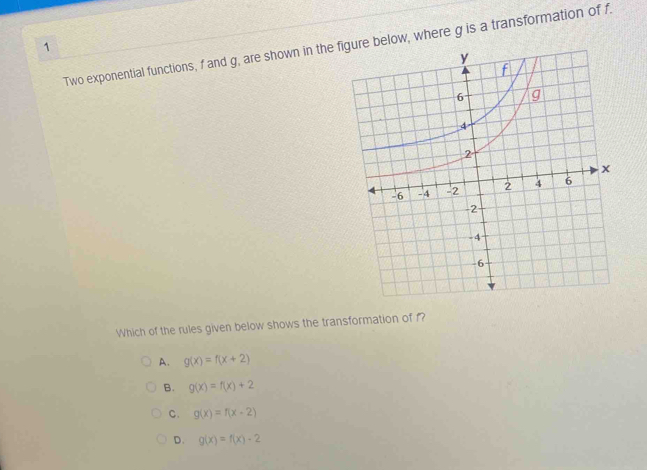 Two exponential functions, f and g, are shown in the f, where g is a transformation of f.
1
Which of the rules given below shows the transformation of f?
A. g(x)=f(x+2)
B. g(x)=f(x)+2
C. g(x)=f(x-2)
D. g(x)=f(x)-2