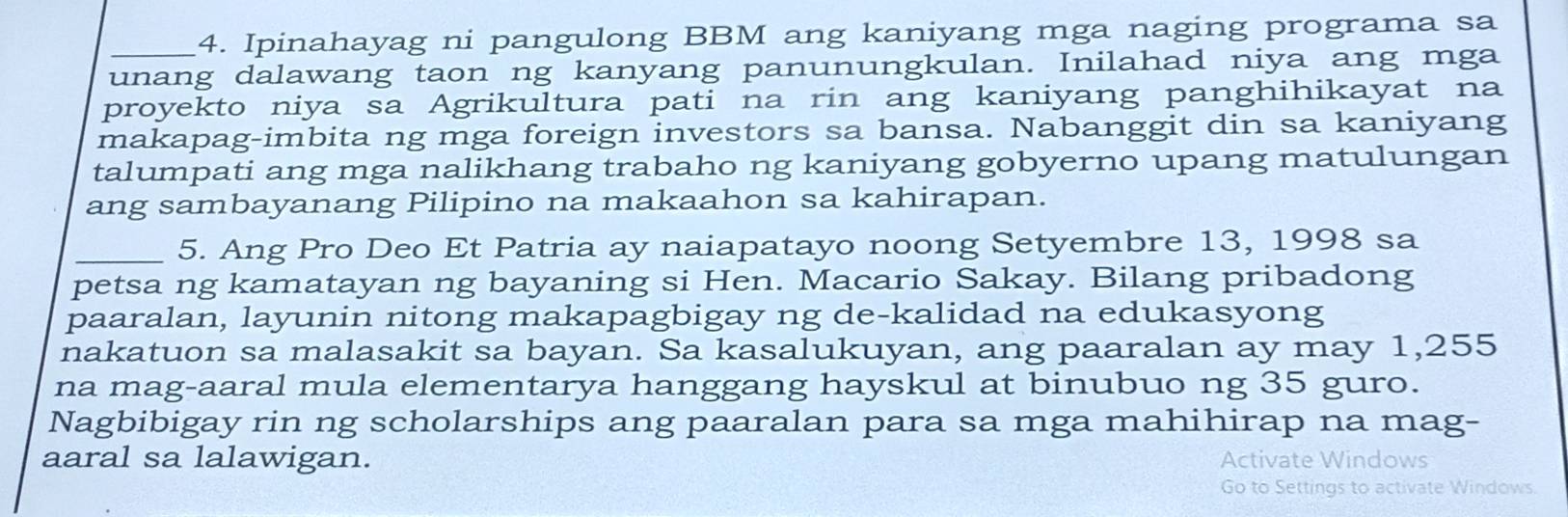 Solved: Ipinahayag ni pangulong BBM ang kaniyang mga naging programa sa ...