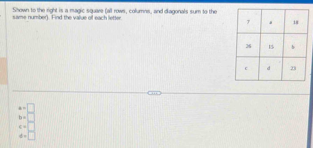 Shown to the right is a magic square (all rows, columns, and diagonals sum to the
same number). Find the value of each letter.
a=□
b=□
c=□
d=□