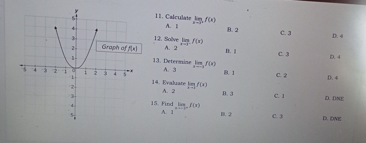 Calculate limlimits _xto 3^+f(x)
A. 1 B. 2
C. 3
12. Solve limlimits _xto 3^-f(x)
D. 4
A. 2
C. 3
B. 1 D. 4
13. Determine
A. 3 limlimits _xto -3f(x)
B. 1 C. 2
D. 4
14. Evaluate limlimits _xto 3f(x)
A. 2 B. 3
C. 1 D. DNE
15. Find limlimits _xto -3^+f(x)
A. 1
B. 2 C. 3 D. DNE