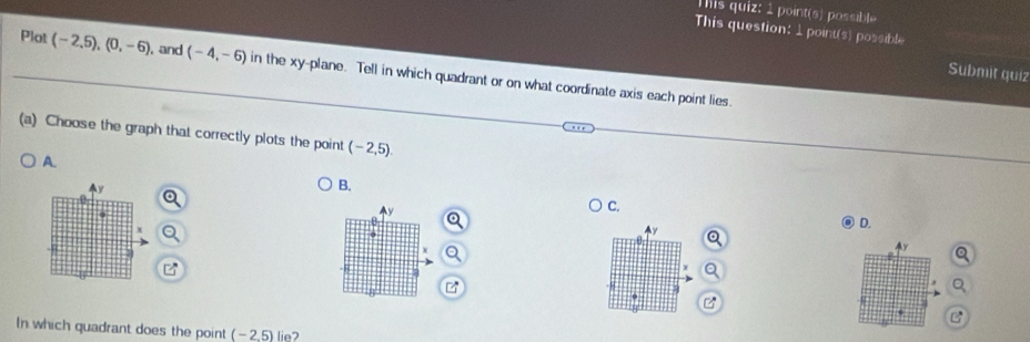 Tis quiz: 1 point(s) possible
This question: 1 point(s) possible
Plat (-2,5),(0,-6) ), and (-4,-6) in the xy -plane. Tell in which quadrant or on what coordinate axis each point lies.
Submit quiz
(a) Choose the graph that correctly plots the point (-2,5).
A.
y
B.
^ y
C.
x
Ay
D.
X
Ay
0
In which quadrant does the point (-2.5)li 2