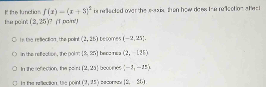 Solved: If the function f(x)=(x+3)^2 is reflected over the x-axis, then ...