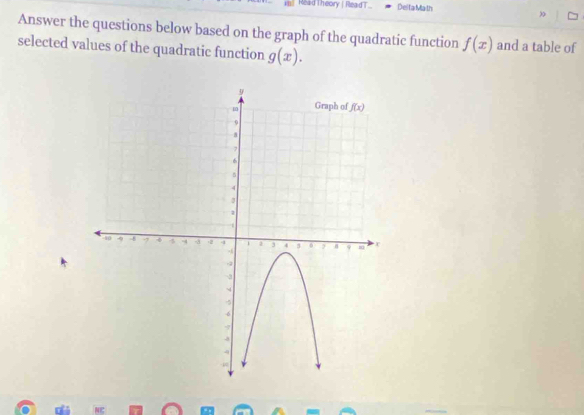 Read Theory | ReadT... Del ta Math
”
Answer the questions below based on the graph of the quadratic function f(x) and a table of
selected values of the quadratic function g(x).