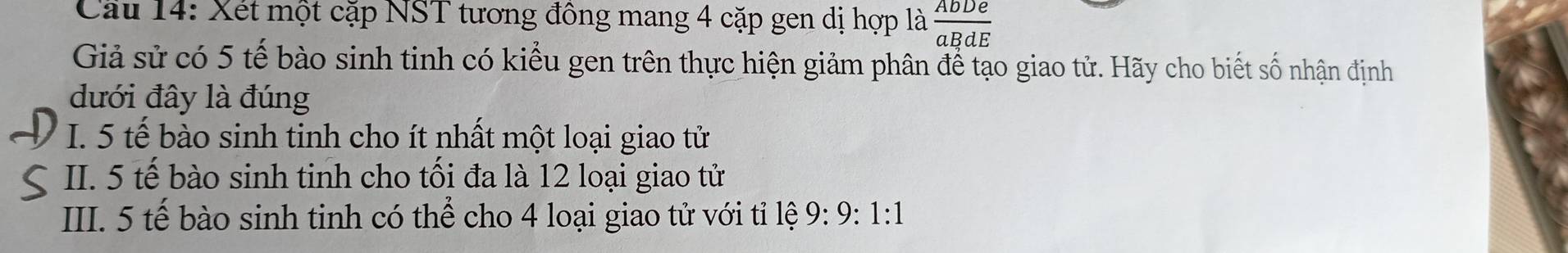 Cau 14: Xết một cặp NST tương đông mang 4 cặp gen dị hợp là  AbDe/aBdE 
Giả sử có 5 tế bào sinh tinh có kiểu gen trên thực hiện giảm phân để tạo giao tử. Hãy cho biết số nhận định
dưới đây là đúng
I. 5 tế bào sinh tinh cho ít nhất một loại giao tử
II. 5 tế bào sinh tinh cho tối đa là 12 loại giao tử
III. 5 tế bào sinh tinh có thể cho 4 loại giao tử với tỉ lệ 9:9 : 1:1