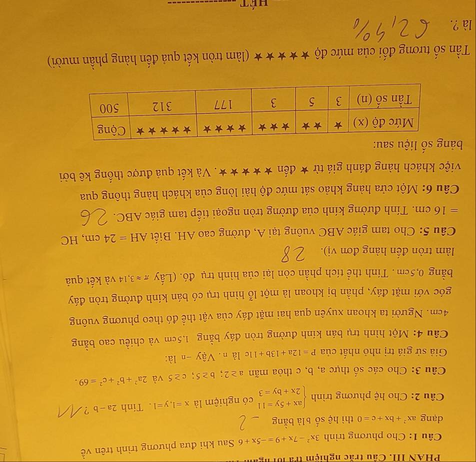 PHAN III. Cầu trắc nghiệm tra lội  ng
Câu 1: Cho phương trình 3x^2-7x+9=-5x+6 Sau khi đưa phương trình trên về
dạng ax^2+bx+c=0 thì hệ số blà bằng
Câu 2: Cho hệ phương trình beginarrayl ax+5y=11 2x+by=3endarray. có nghiệm là x=1,y=1. Tính 2a-b ?
Câu 3: Cho các số thực a, b, c thỏa mãn a≥ 2;b≥ 5;c≥ 5 và 2a^2+b^2+c^2=69.
Giả sử giá trị nhỏ nhất của P=12a+13b+11c là n. Vậy -n là:
Câu 4: Một hình trụ bán kính đường tròn đáy bằng 1,5cm và chiều cao bằng
4cm. Người ta khoan xuyên qua hai mặt đáy của vật thể đó theo phương vuông
góc với mặt đáy, phần bị khoan là một lỗ hình trụ có bán kính đường tròn đáy
bằng 0,5cm . Tính thể tích phần còn lại của hình trụ đó. (Lấy π approx 3,14 và kết quả
làm tròn đến hàng đơn vị).
Câu 5: Cho tam giác ABC vuông tại A, đường cao AH. Biết AH=24cm , HC
=16cm. Tính đường kính của đường tròn ngoại tiếp tam giác ABC.
Câu 6: Một cửa hàng khảo sát mức độ hài lòng của khách hàng thông qua
việc khách hàng đánh giá từ ★ đến ★★★★★. Và kết quả được thống kê bởi
bảng số liệu sau:
Tần số tương đối của mức độ ★★★★★ (làm tròn kết quả đến hàng phần mười)
là ?.
hét_