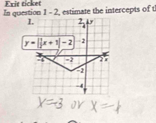 Exit ticket
In question 1 - 2, estimate the intercepts of t