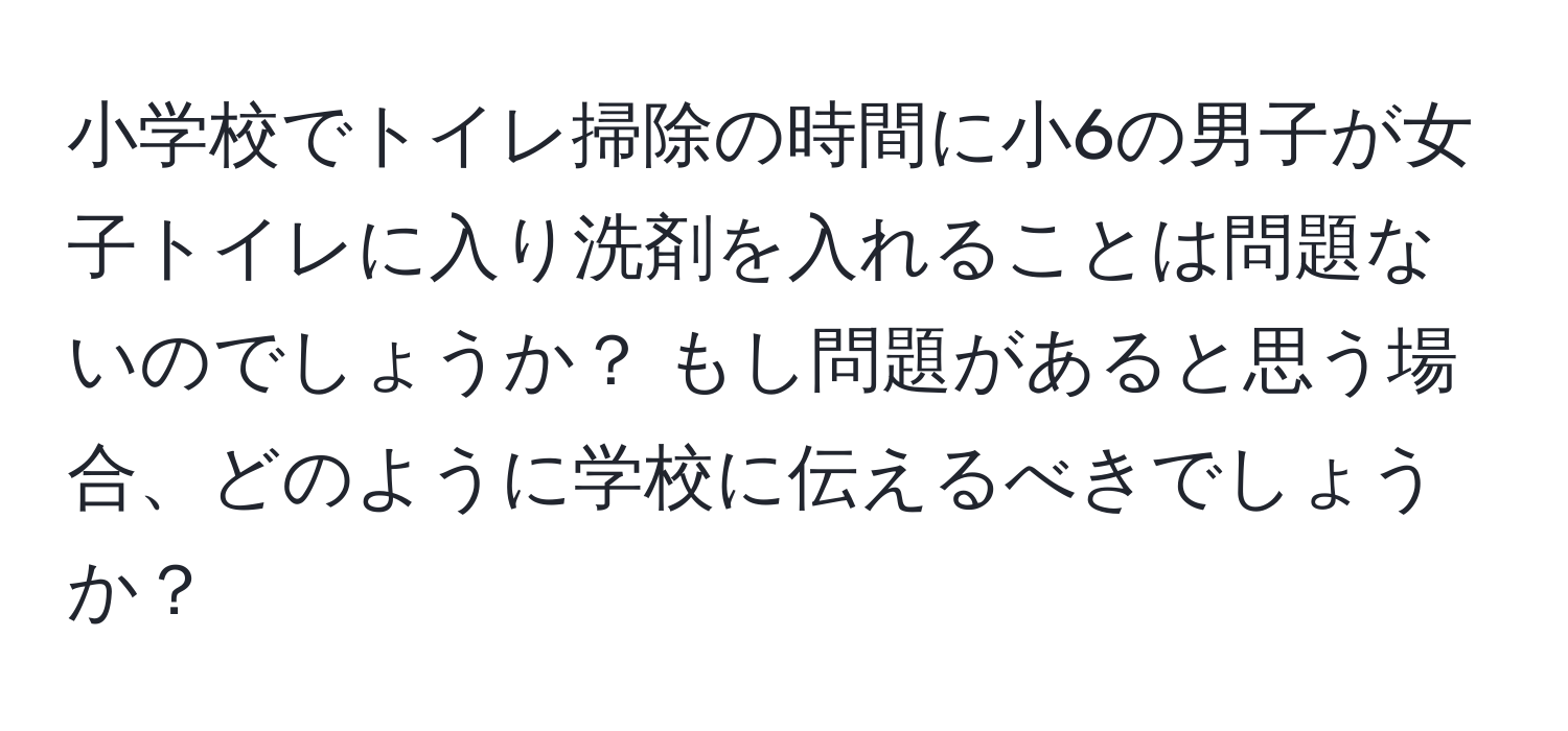 小学校でトイレ掃除の時間に小6の男子が女子トイレに入り洗剤を入れることは問題ないのでしょうか？ もし問題があると思う場合、どのように学校に伝えるべきでしょうか？