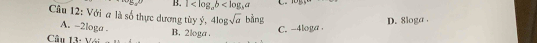 2a° B. 1 C. 100°
Câu 12: Với a là số thực dương tùy ý, 4log sqrt(a)bing
A. -2loga. C. -4loga. D. 8loga.
B. 2loga.
Câu 13: Với