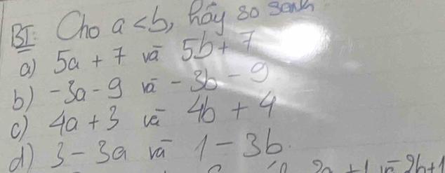 BI. Cho a ,hay so send 
a) 5a+7 vá 5b+7
b) -3a-9 vá -3b-9
c) 4a+3 ve 4b+4
dì 3-3a vá 1-3b
100/ 1)-1_2+1uH^(-^(O_u+1))