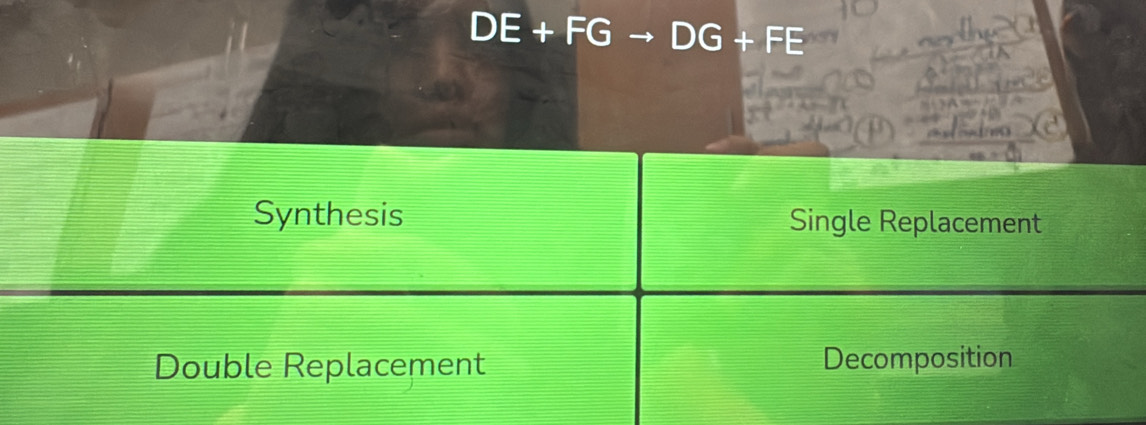 DE+FGto DG+FE
Synthesis Single Replacement
Double Replacement Decomposition