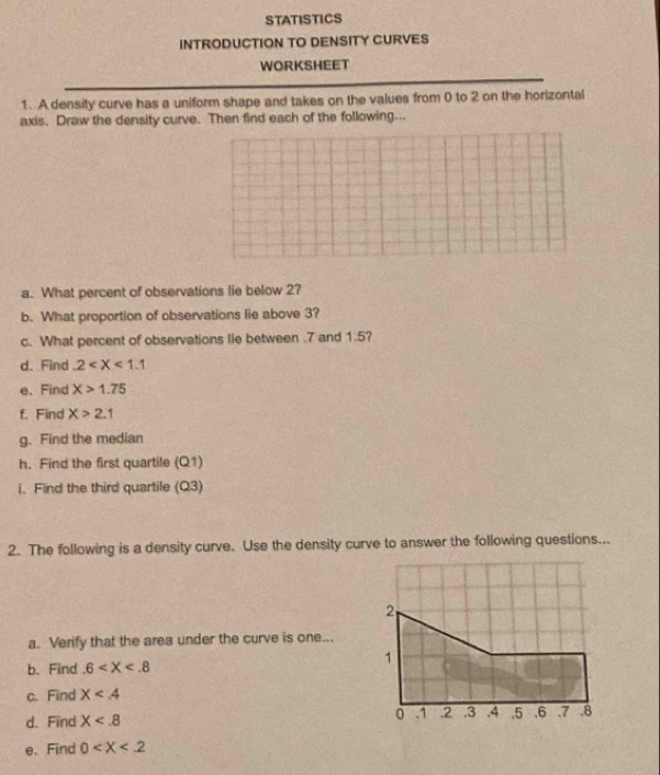 STATISTICS 
INTRODUCTION TO DENSITY CURVES 
WORKSHEET 
1. A density curve has a uniform shape and takes on the values from 0 to 2 on the horizontal 
axis. Draw the density curve. Then find each of the following.. 
a. What percent of observations lie below 2? 
b. What proportion of observations lie above 3? 
c. What percent of observations lie between . 7 and 1.5? 
d、 Find 2
e、 Find X>1.75
f. Find X>2.1
g. Find the median 
h. Find the first quartile (Q1) 
i. Find the third quartile (Q3) 
2. The following is a density curve. Use the density curve to answer the following questions... 
2 
a. Verify that the area under the curve is one... 
b. Find 6
1 
c. Find X<4</tex> 
d. Find X 0 .1. 2. 3. 4. 5. 6. 7 .8
e.Find 0