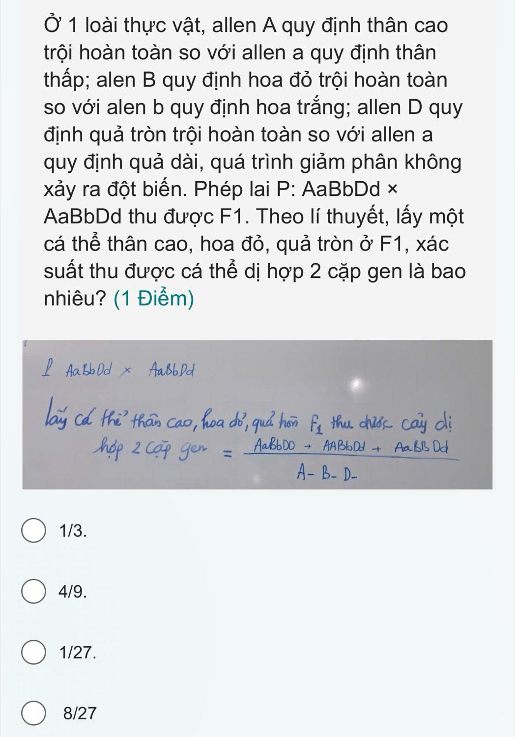 Ở 1 loài thực vật, allen A quy định thân cao
trội hoàn toàn so với allen a quy định thân
thấp; alen B quy định hoa đỏ trội hoàn toàn
so với alen b quy định hoa trắng; allen D quy
định quả tròn trội hoàn toàn so với allen a
quy định quả dài, quá trình giảm phân không
xảy ra đột biến. Phép lai P: AaBbDd ×
AaBbDd thu được F1. Theo lí thuyết, lấy một
cá thể thân cao, hoa đỏ, quả tròn ở F1, xác
suất thu được cá thể dị hợp 2 cặp gen là bao
nhiêu? (1 Điểm)
1/3.
4/9.
1/27.
8/27