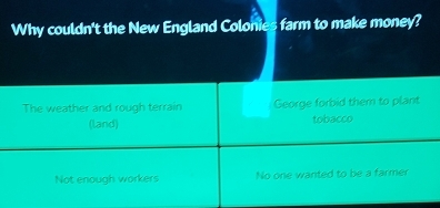 Why couldn't the New England Colonies farm to make money?
The weather and rough terrain George forbid them to plant
(land) tobacco
Not enough workers No one wanted to be a farmer