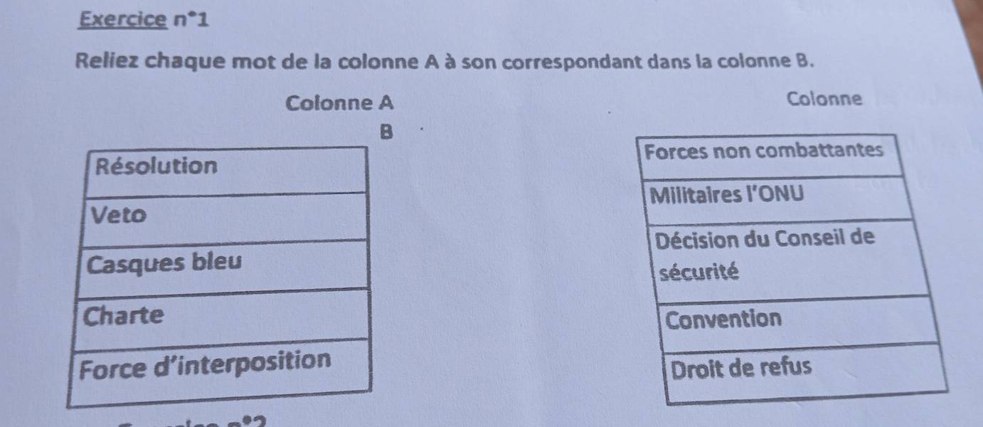 Exercice n°1 
Reliez chaque mot de la colonne A à son correspondant dans la colonne B. 
Colonne A Colonne