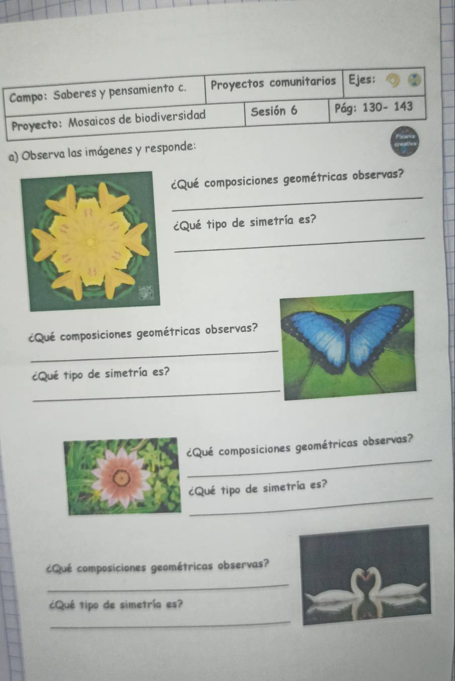 Campo: Saberes y pensamiento c. Proyectos comunitarios Ejes: 
Proyecto: Mosaicos de biodiversidad Sesión 6 Pág: 130-143
a) Observa las imágenes y responde: 
_ 
¿Qué composiciones geométricas observas? 
_ 
¿Qué tipo de simetría es? 
_ 
¿Qué composiciones geométricas observas? 
_ 
¿Qué tipo de simetría es? 
_ 
¿Qué composiciones geométricas observas? 
_ 
¿Qué tipo de simetría es? 
¿Qué composiciones geométricas observas? 
_ 
¿Qué tipo de simetría es? 
_