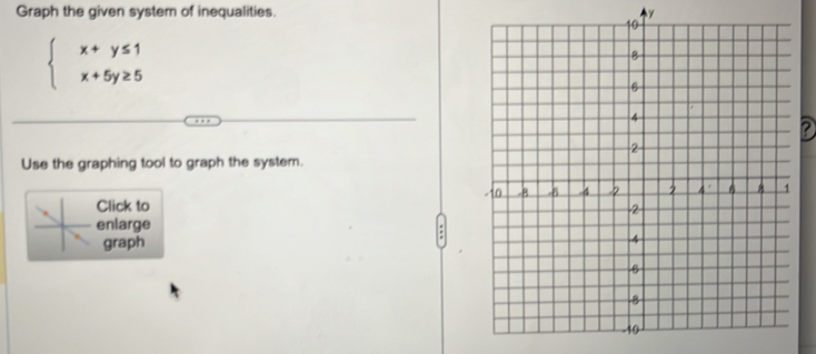 Graph the given system of inequalities. y
beginarrayl x+y≤ 1 x+5y≥ 5endarray.
Use the graphing tool to graph the system. 
Click to 
enlarge 
graph