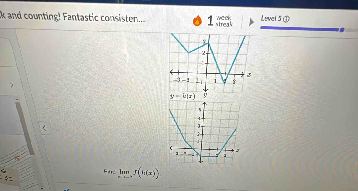 week Level 5 ⓘ
lk and counting! Fantastic consisten... 1 streak
(
Find limlimits _xto -2f(h(x)).