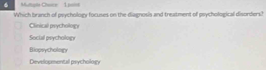 Mudhiple Chaice 1 paint
Which branch of psychology focuses on the diagnosis and treatment of psychological disorders?
Clinical psychology
Social psychology
Biopsychology
Developmental psychology