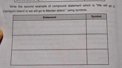 Write the second example of compound statement which is "We will go to 
Camiguin island or we will go to Mactan island." using symbols.