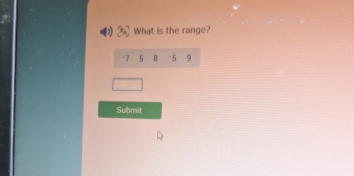 What is the range?
-7 5 8 -5 9
Submit