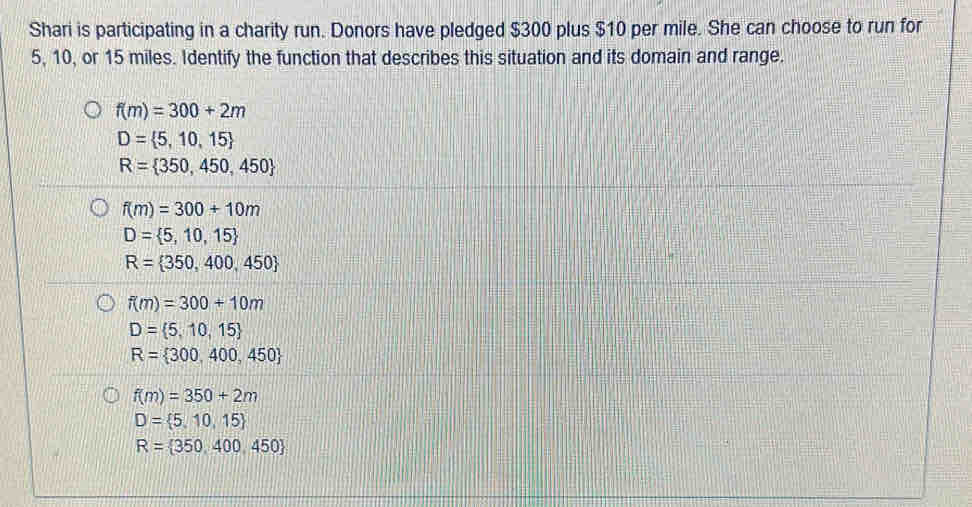 Solved: Shari is participating in a charity run. Donors have pledged ...