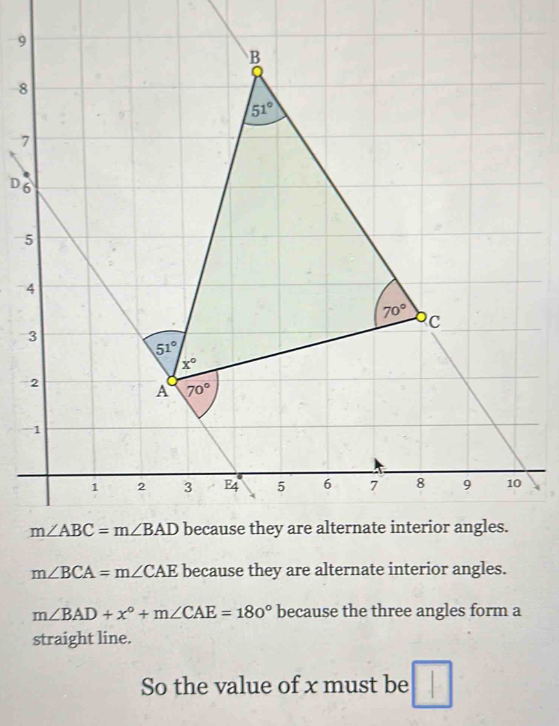 9
8
7
D6
5
m∠ BCA=m∠ CAE because they are alternate interior angles.
m∠ BAD+x°+m∠ CAE=180° because the three angles form a
straight line.
So the value of x must be