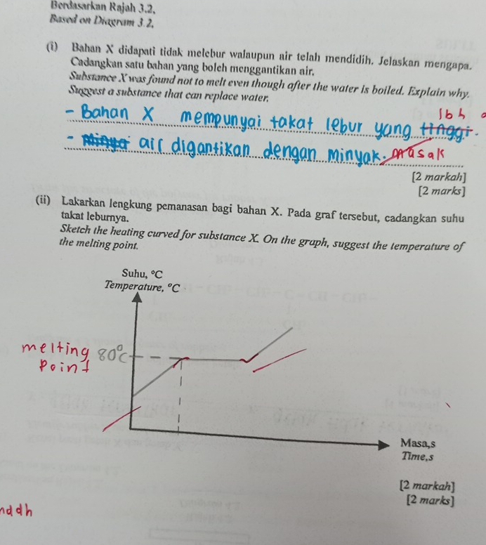 Berdasarkan Rajah 3.2, 
Based on Diagram 3.2, 
(i) Bahan X didapati tidak melebur walaupun air telah mendidih. Jelaskan mengapa. 
Cadangkan satu bahan yang bolch menggantikan air. 
Substance.I was found not to melt even though after the water is boiled. Explain why. 
Suggest a substance that can replace water, 
_ 
_ 
_ 
_ 
_ 
[2 markah] 
[2 marks] 
(ii) Lakarkan lengkung pemanasan bagi bahan X. Pada graf tersebut, cadangkan suhu 
takat leburnya. 
Sketch the heating curved for substance X. On the graph, suggest the temperature of 
the melting point. 
Suhu, ^circ C
Temperature, ^circ C
Masa,s 
Time,s 
[2 markah] 
[2 marks]