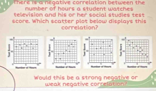 There is a negative correlation between the 
number of hours a student watches 
television and his or her social studies test 
score. Which scatter plot below displays this 
correlation? 
g 
Number of Hours ot Nours 
Would this be a strong negative or 
weak negative correlation?