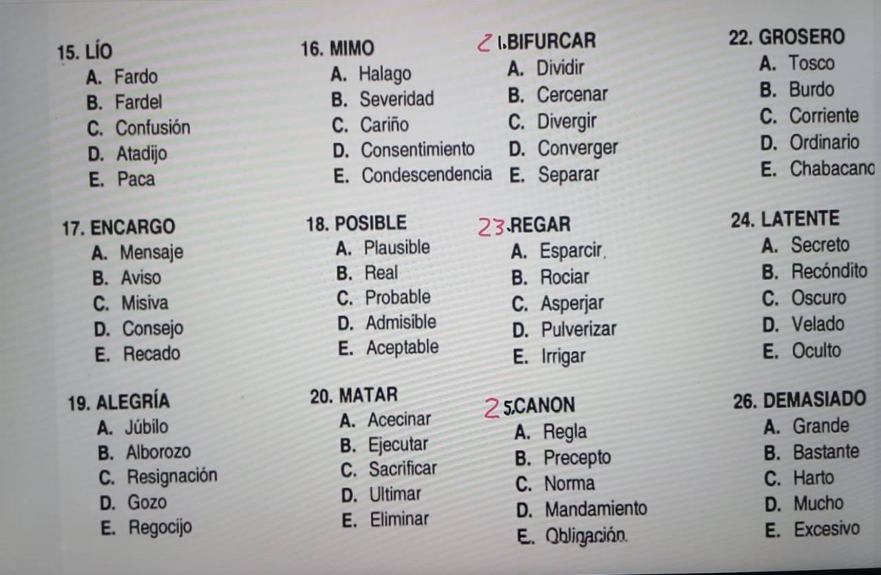 LíO 16. MIMO 1.BIFURCAR 22. GROSERO
A. Fardo A. Halago A. Dividir
A. Tosco
B. Fardel B. Severidad B. Cercenar
B. Burdo
C. Confusión C. Cariño C. Divergir C. Corriente
D. Atadijo D. Consentimiento D. Converger D. Ordinario
E. Paca E. Condescendencia E. Separar E. Chabacano
17. ENCARGO 18. POSIBLE .REGAR 24. LATENTE
A. Mensaje A. Plausible A. Esparcir A. Secreto
B. Aviso B. Real B. Rociar B. Recóndito
C. Misiva C. Probable C. Oscuro
C. Asperjar
D. Consejo D. Admisible D. Pulverizar D. Velado
E. Recado E. Aceptable E. Irrigar E. Oculto
19. Alegría 20. MATAR
A. Júbilo A. Acecinar 5CANON
26. DEMASIADO
A. Regla A. Grande
B. Alborozo B. Ejecutar
B. Precepto B. Bastante
C. Resignación C. Sacrificar
C. Norma C. Harto
D. Gozo D. Ultimar
D. Mandamiento D. Mucho
E. Regocijo E. Eliminar
E. Obligación. E. Excesivo