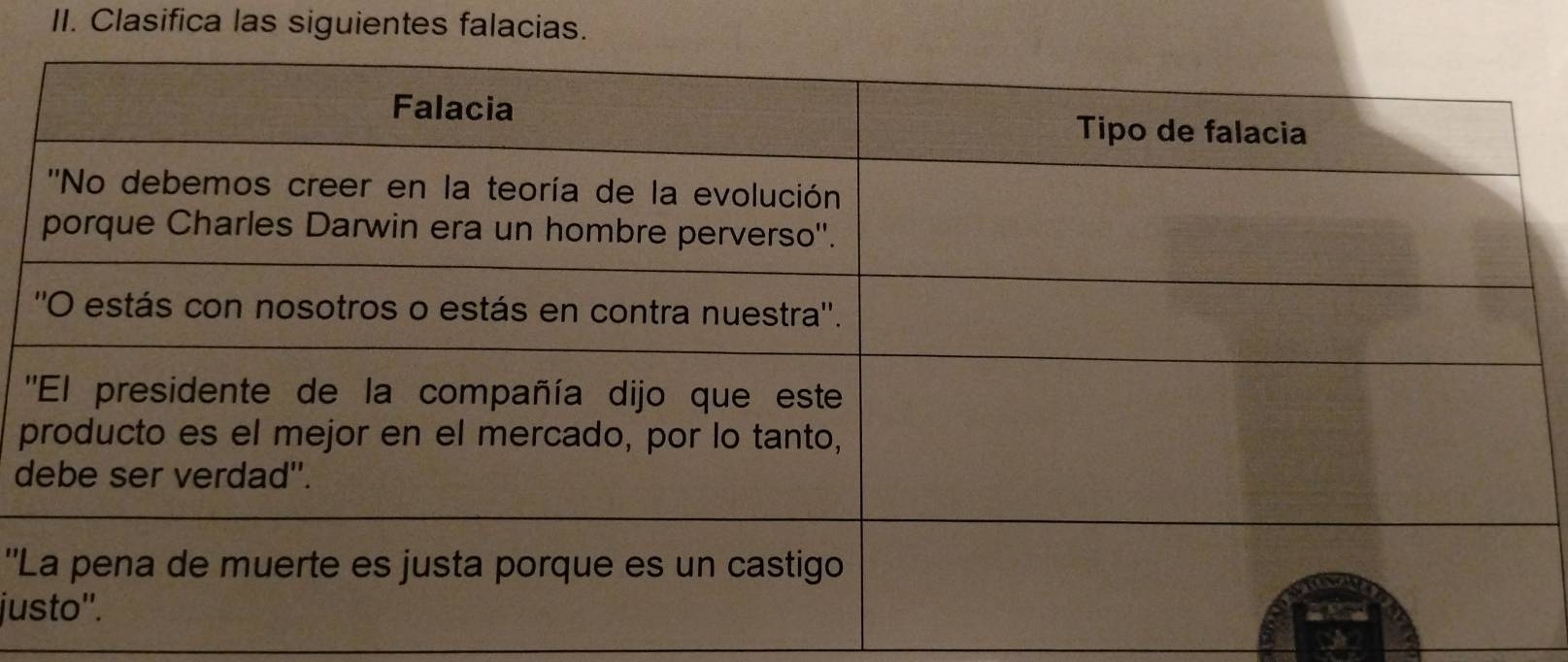 Clasifica las siguientes falacias. 

p
d
'' 
ju