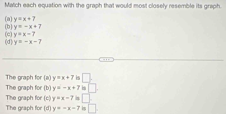 Match each equation with the graph that would most closely resemble its graph.
(a) y=x+7
(b) y=-x+7
(c) y=x-7
(d) y=-x-7
The graph for (a) y=x+7 is □.
The graph for (b) y=-x+7 is □.
The graph for (c) y=x-7 is □.
The graph for (d) y=-x-7 is □.