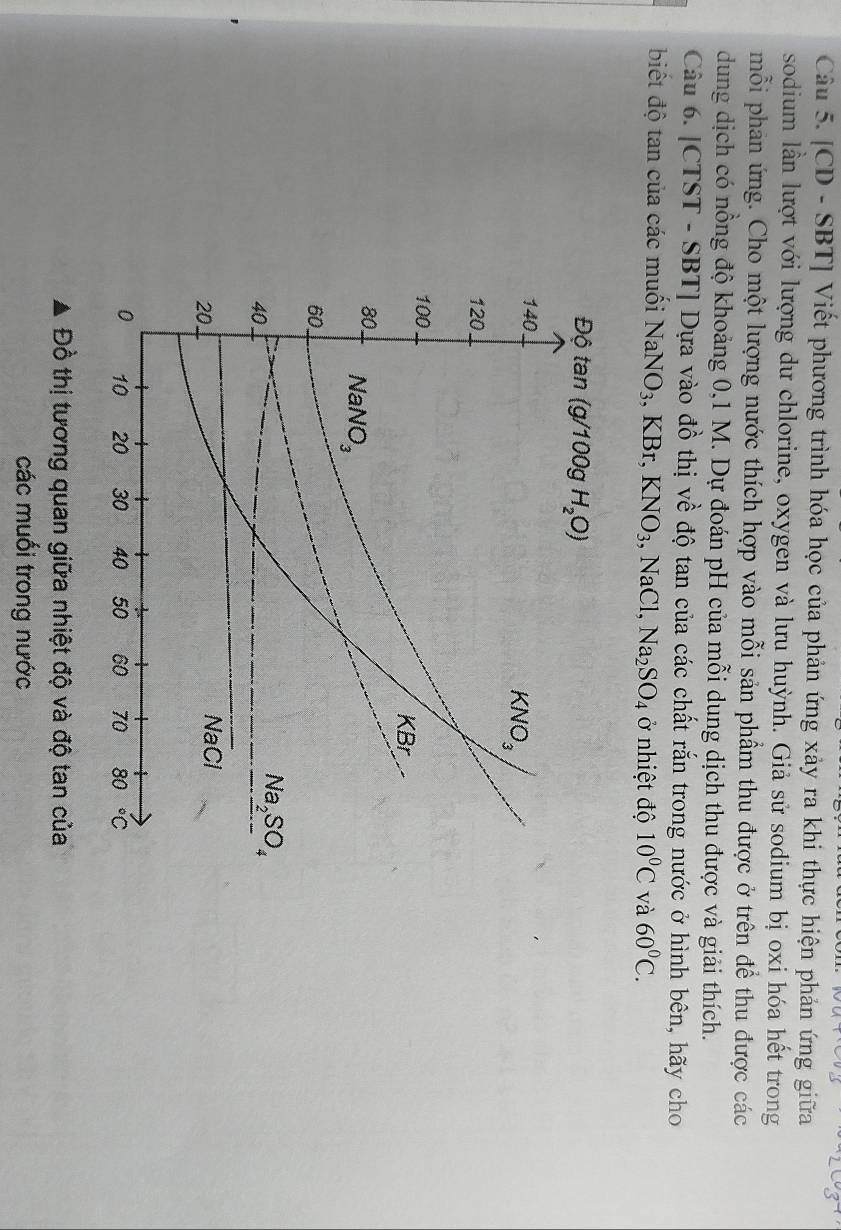 [CD - SBT] Viết phương trình hóa học của phản ứng xảy ra khi thực hiện phản ứng giữa
sodium lần lượt với lượng dư chlorine, oxygen và lưu huỳnh. Giả sử sodium bị oxi hóa hết trong
mỗi phản ứng. Cho một lượng nước thích hợp vào mỗi sản phẩm thu được ở trên để thu được các
dung dịch có nồng độ khoảng 0,1 M. Dự đoán pH của mỗi dung dịch thu được và giải thích.
Câu 6. [CTST - SBT] Dựa vào đồ thị về độ tan của các chất rắn trong nước ở hình bên, hãy cho
biết độ tan của các muối NaNO_3,KBr,KNO_3, ,NaCl, Na_2SO_4 ở nhiệt độ 10°C và 60°C.
Đồ thị tương quan giữa nhiệt độ và độ tan của
các muối trong nước