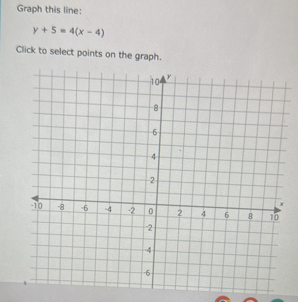 Graph this line:
y+5=4(x-4)
Click to select points on the graph.