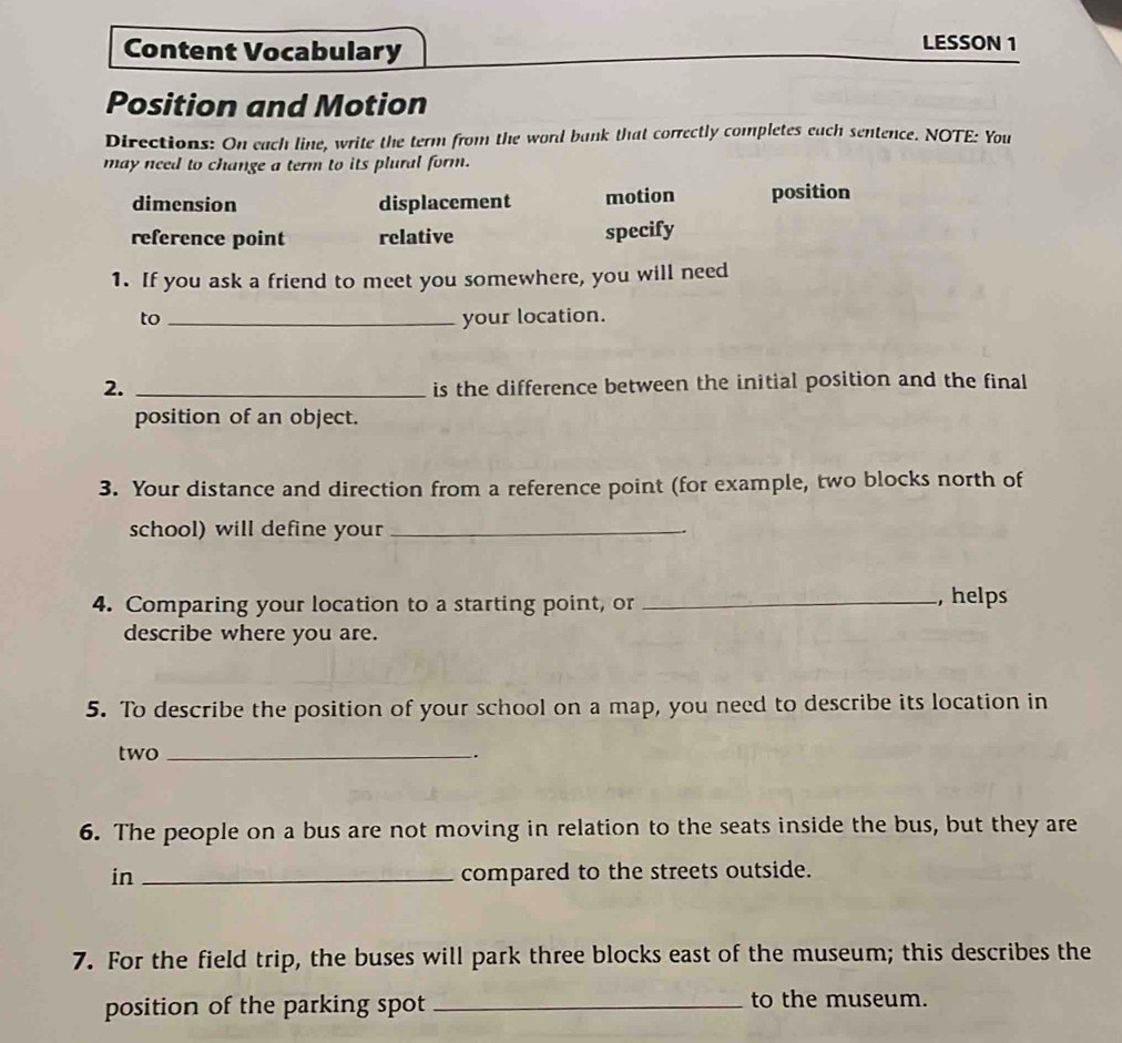 Solved: Content Vocabulary LESSON 1 Position and Motion Directions: On ...