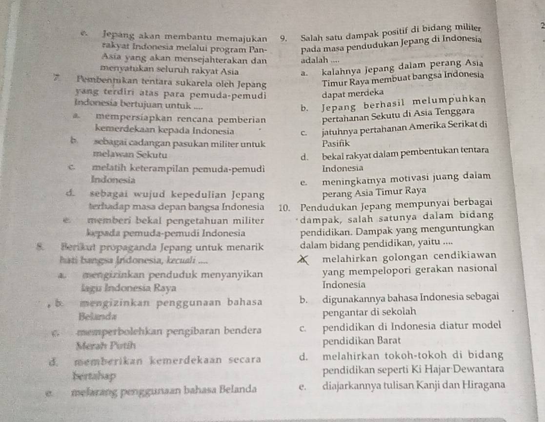 Jepäng akan membantu memajukán 9. Salah satu dampak positif di bidang militer
2
rakyat Indonesia melalui program Pan- pada masa pendudukan Jepang di Indonesía
Asía yang akan mensejahterakan dan adalah ....
menyatukan seluruh rakyat Asia
a. kalahnya Jepang dalam perang Asia
Pembenjikan tentara sukarela olch Jepang
Timur Raya membuat bangsa Indonesia
yang terdiri atas para pemuda-pemudi dapat merdeka
Indonesia bertujuan untuk ....
b. Jepang berhasil melumpuhkan
mempersiapkan rençana pemberian
pertahanan Sekutu di Asia Tenggara
kemerdekaan kepada Indonesia
c. jatuhnya pertahanan Amerika Serikat di
b  sebagai cadangan pasukan militer untuk Pasifik
melawan Sekutu
d. bekal rakyat dalam pembentukan tentara
c  melatih keterampilan pemuda-pemudi Indonesia
Indonesia
e meningkatnya motivasi juang dalam
d. sebagai wujud kepedulian Jepang perang Asia Timur Raya
terha dap masa depan bangsa Índonesia 10. Pendudukan Jepang mempunyai berbagai
memberi bekal pengetahuan militer dampak, salah satunya dalam bidang
Iepada pemuda-pemudí Indonesia pendidikan. Dampak yang menguntungkan
Berikut propaganda Jepang untuk menarik dalam bidang pendidikan, yaitu ....
hati bangsa Jridonesia, kecuali .... melahirkan golongan cendikiawan
mengirinkan penduduk menyanyikan yang mempelopori gerakan nasional
lagu Indonesía Raya Indonesia
mengizinkan penggunaan bahasa b. digunakannya bahasa Indonesia sebagai
Belanda pengantar di sekolah
memperbolehkan pengibaran bendera c. pendidikan di Indonesia diatur model
Merah Putih pendidikan Barat
d. memberikan kemerdekaan secara d. melahirkan tokoh-tokoh di bidang
bertahap pendidikan seperti Ki Hajar Dewantara
e melarang penggunaan bahasa Belanda e. diajarkannya tulisan Kanji dan Hiragana