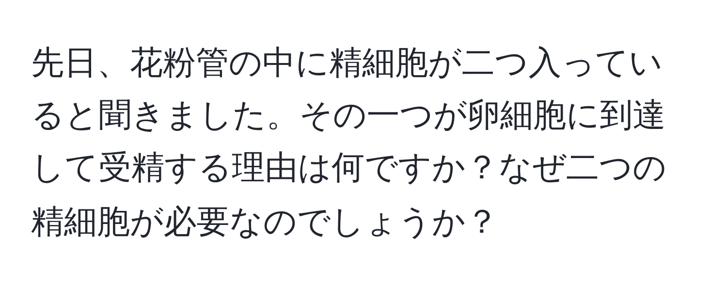 先日、花粉管の中に精細胞が二つ入っていると聞きました。その一つが卵細胞に到達して受精する理由は何ですか？なぜ二つの精細胞が必要なのでしょうか？