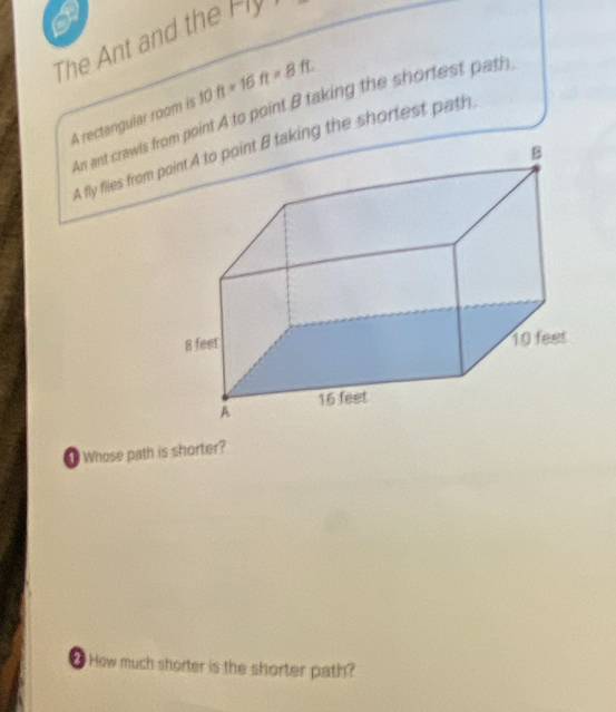 The Ant and the Fly 
A rectangular room is 10ft* 16ft* 8ft
An ant crawls fpoint A to point B taking the shortest path 
A fly flies from ing the shortest path. 
Whose path is shorter? 
How much shorter is the shorter path?