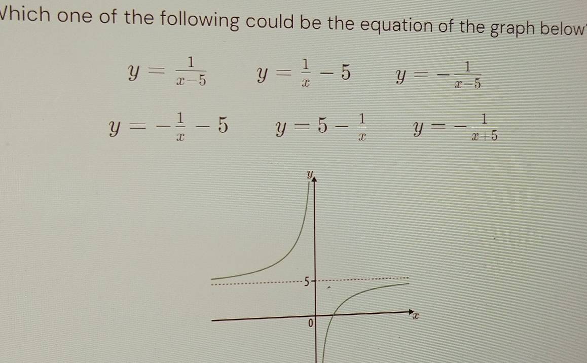 Which one of the following could be the equation of the graph below
y= 1/x-5  y= 1/x -5 y=- 1/x-5 
y=- 1/x -5 y=5- 1/x  y=- 1/x+5 