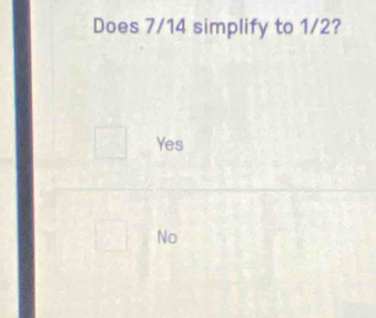 Does 7/14 simplify to 1/2?
Yes
No