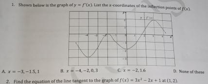 Shown below is the graph of y=f'(x). List the x-coordinates of the inflection points of f(x)
A. x=-3,-1.5,1 B. x=-4,-2,0,3 C. x=-2,1.6 D. None of these
2. Find the equation of the line tangent to the graph of f(x)=3x^2-2x+1 at (1,2),