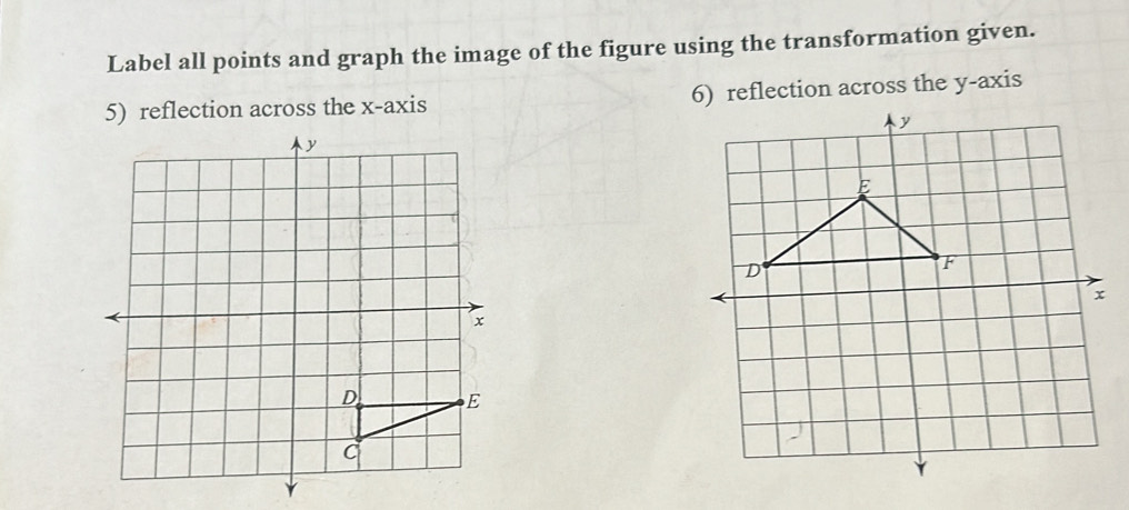 Label all points and graph the image of the figure using the transformation given. 
5) reflection across the x-axis 6) reflection across the y-axis